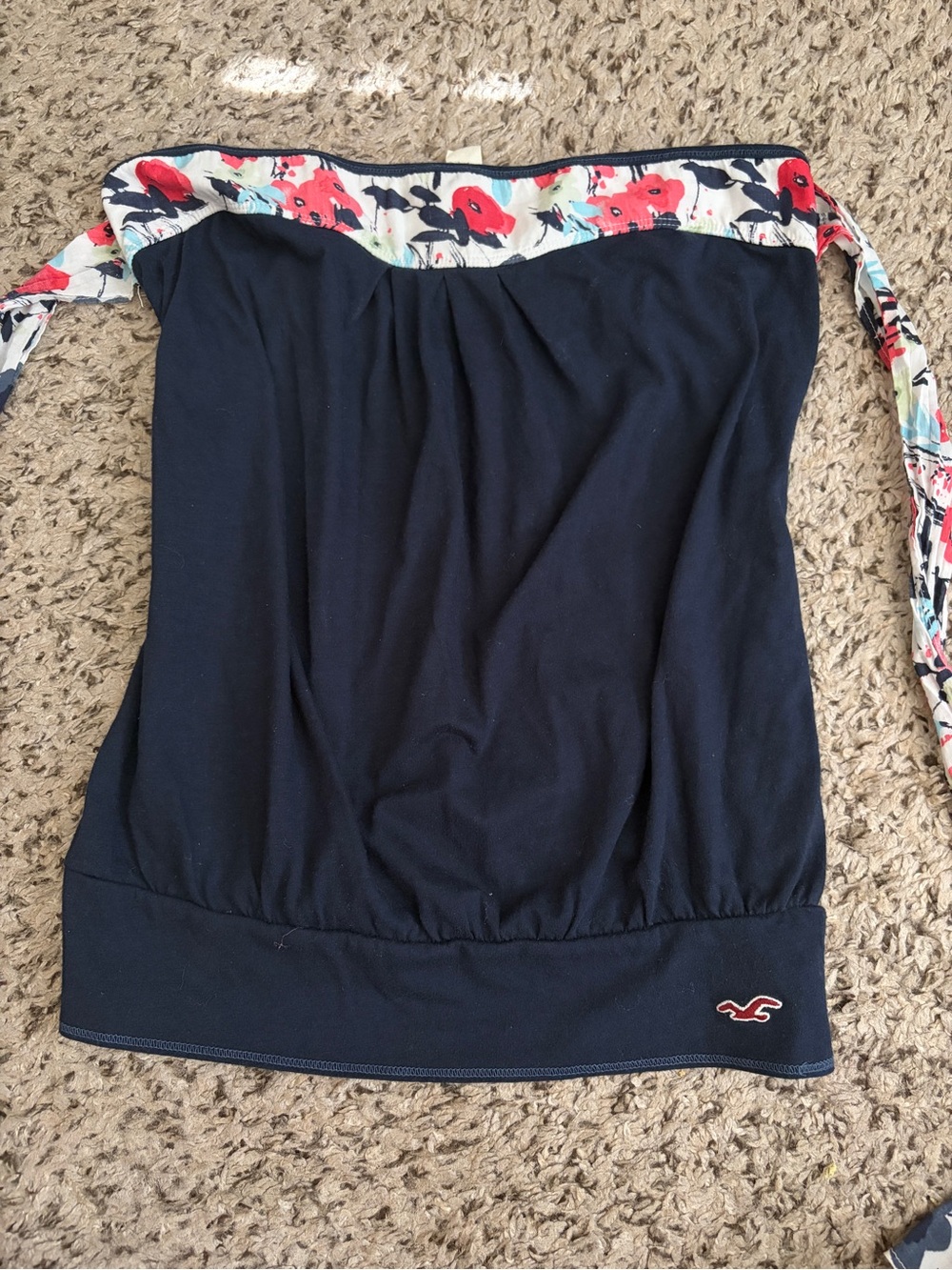 Hollister Navy Blue Babydoll Tube Top with Floral Trim